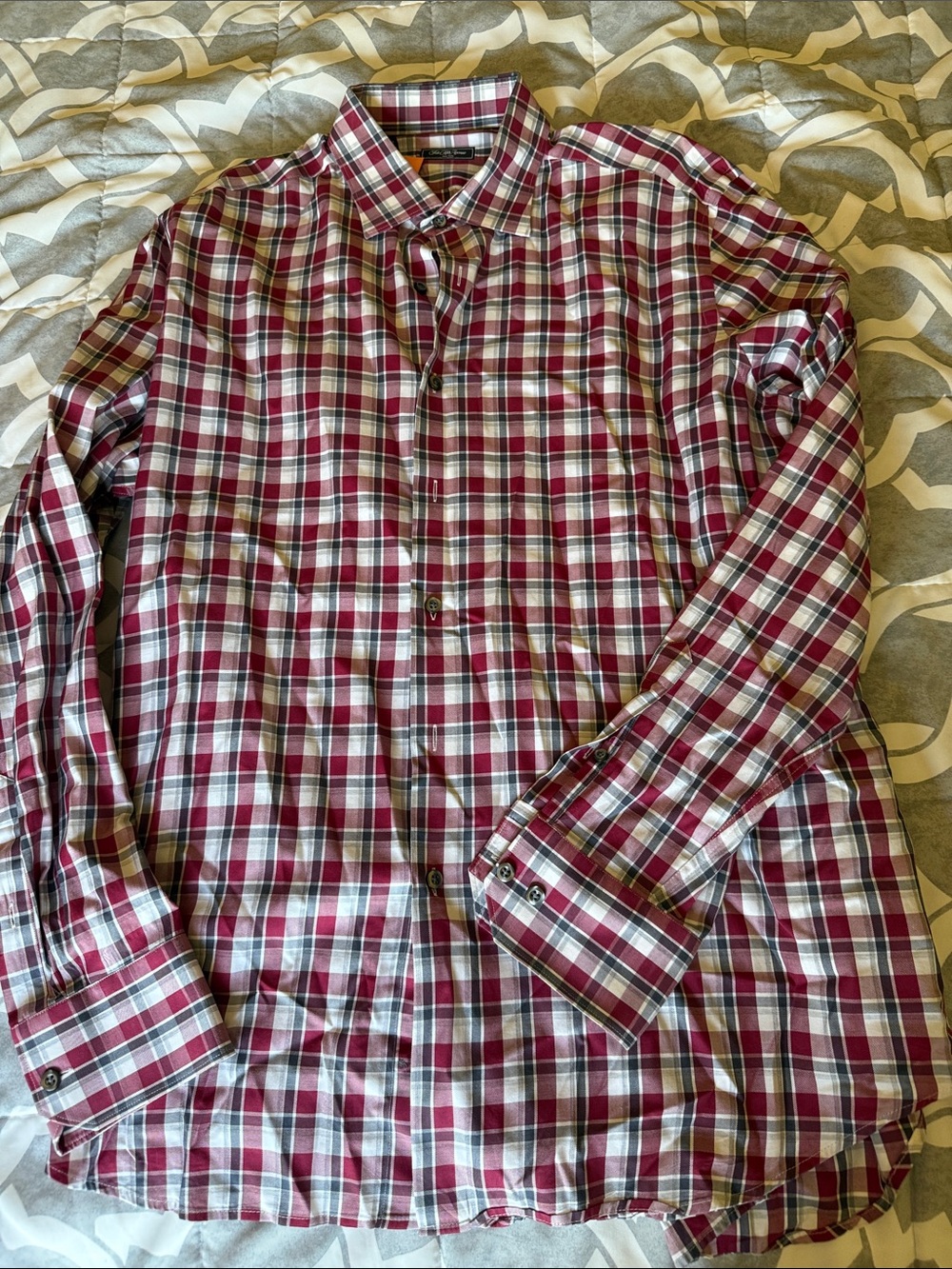 Men's Plaid Button-Up Shirt in Red and White